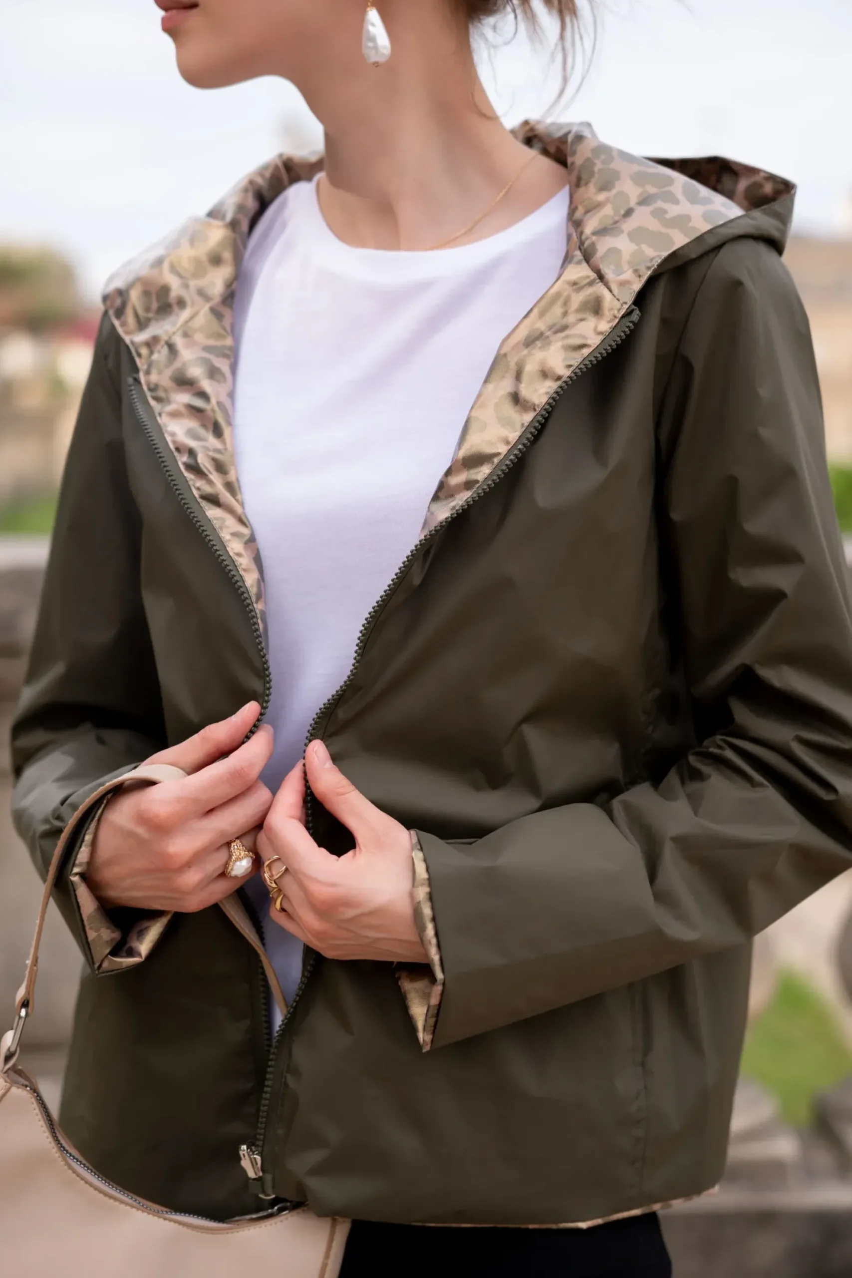 Clearance HippieChic Imperméable court et réversible léger Kaki