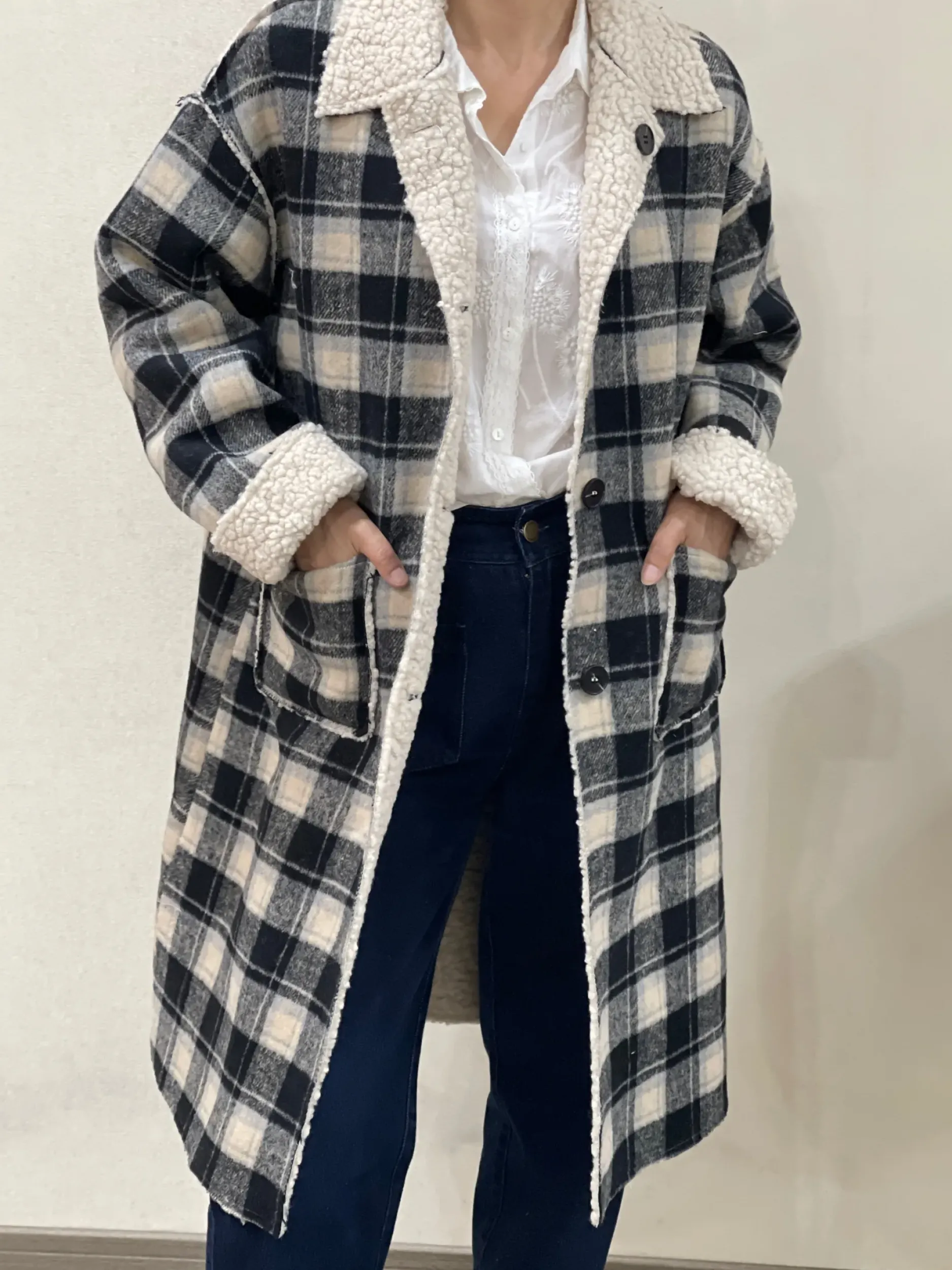 Best HippieChic Manteau à Carreaux Bouclette