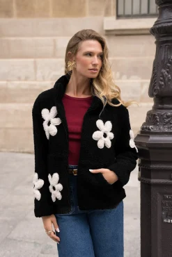 Store HippieChic Veste Sherpa à Motifs Fleurs Noir