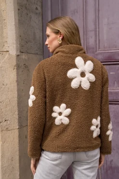 Store HippieChic Veste Sherpa à Motifs Fleurs Noir